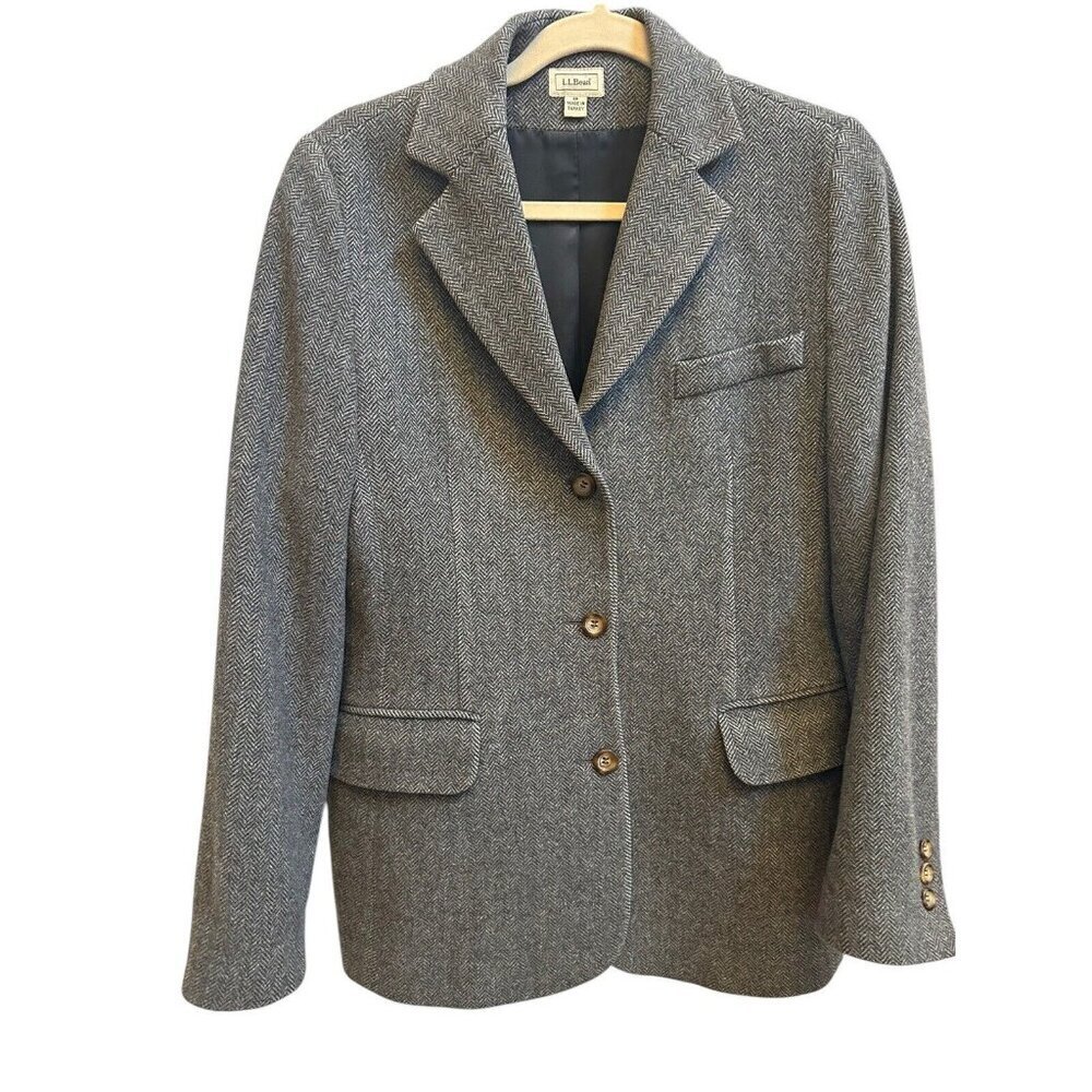 L L Bean VTG  Herringbone Wool Cashmere Blazer Jacket‎ Classic Womens Sz 10 Gray